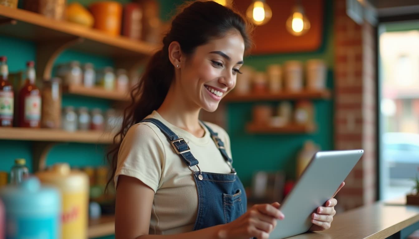 Duena de negocio usando Listo POS en su tienda